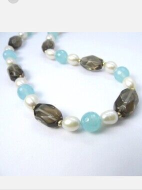14KY Chalcedony Pearl Smoky Quartz Gold NECKLACE